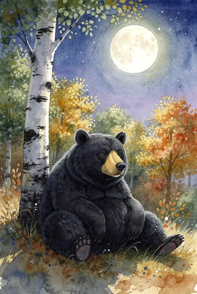 Watercolor black bear resting in an autumn forest night