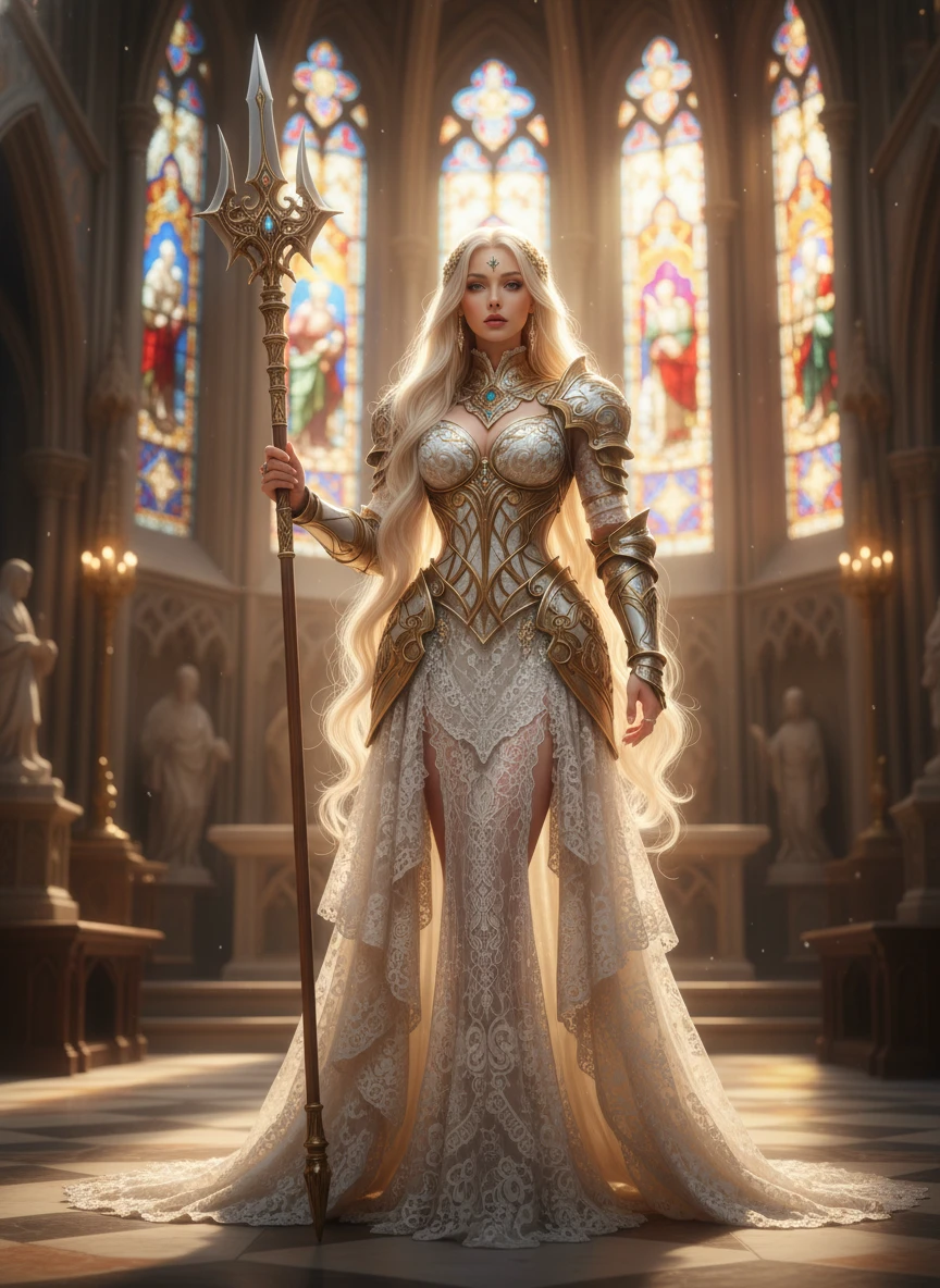 Guerriera divina fantasy in una cattedrale luminosa