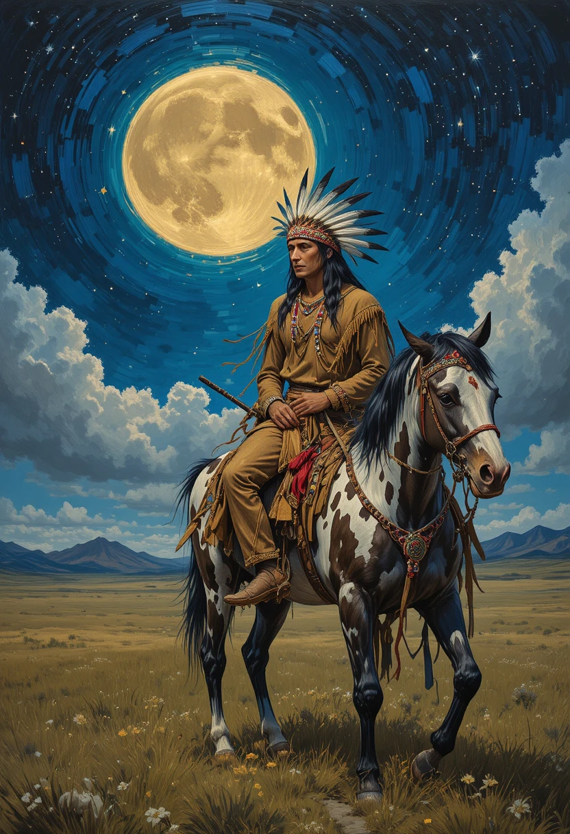 Native American rider under a glowing moon on grassland