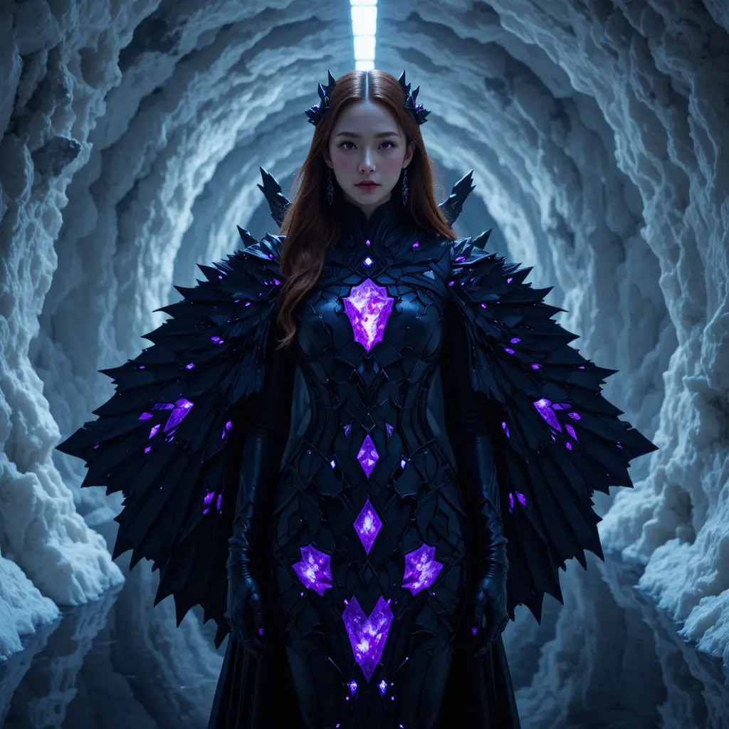 Regal void miner in obsidian gown within salt cavern