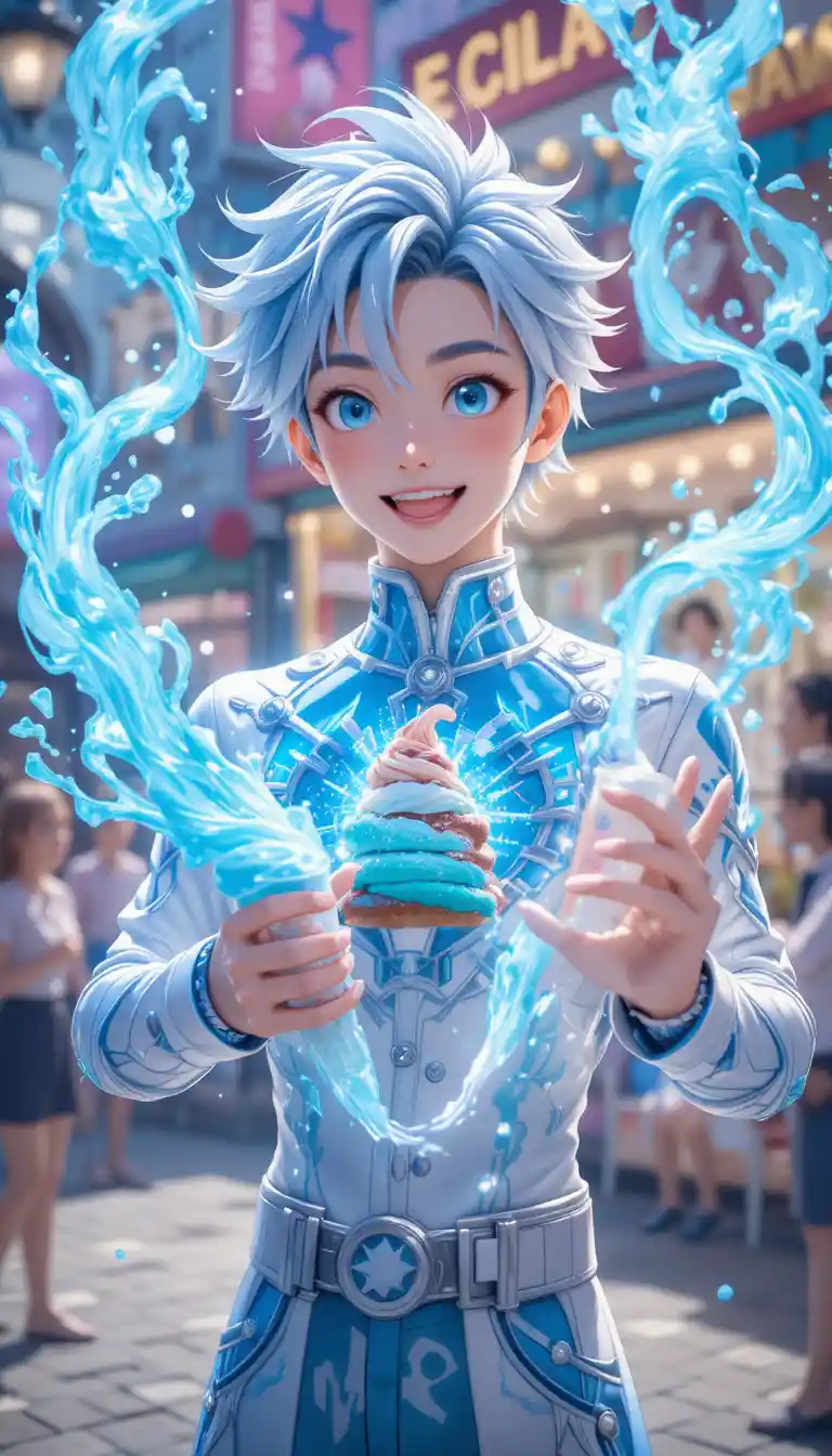 Chico de hielo de anime conjurando helado mágico en una calle de la ciudad