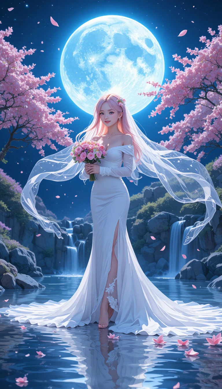 Novia de anime junto a una cascada iluminada por la luna en un jardín de cerezos