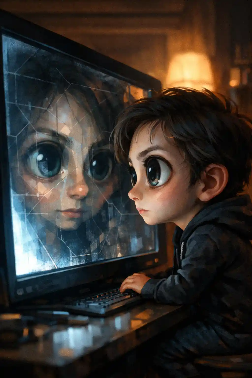 Artista mirando fijamente una pantalla brillante en una habitación tenue