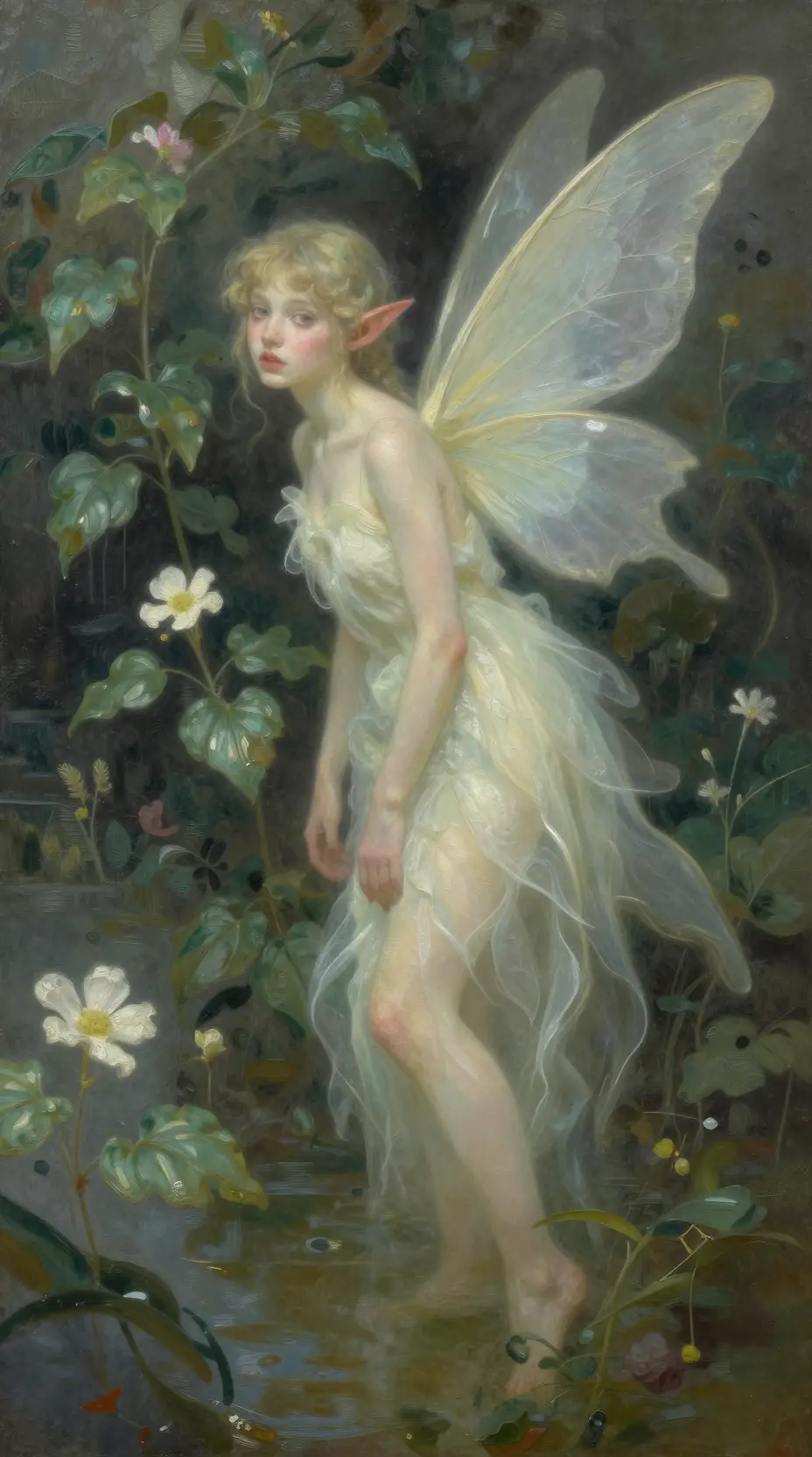 Delicate pixie hiding among pond flowers and leaves