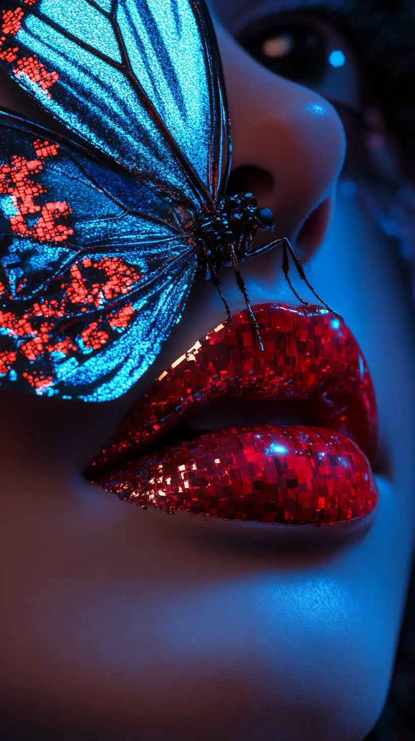 Surreal glossy lips with dissolving butterfly wings