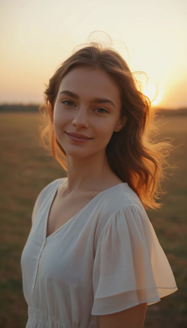 Young woman smiling softly in warm sunset light