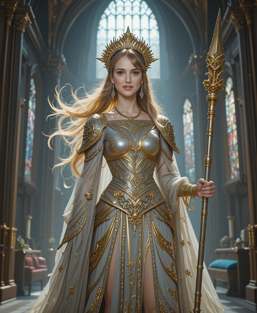 Golden haired fantasy warrior woman in grand cathedral