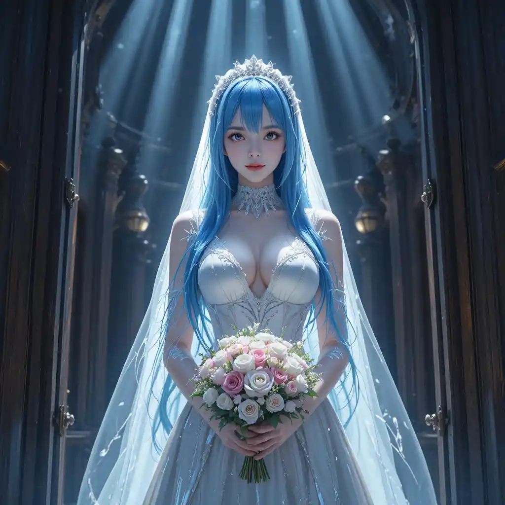 Novia de anime de cabello azul en la puerta de una iglesia
