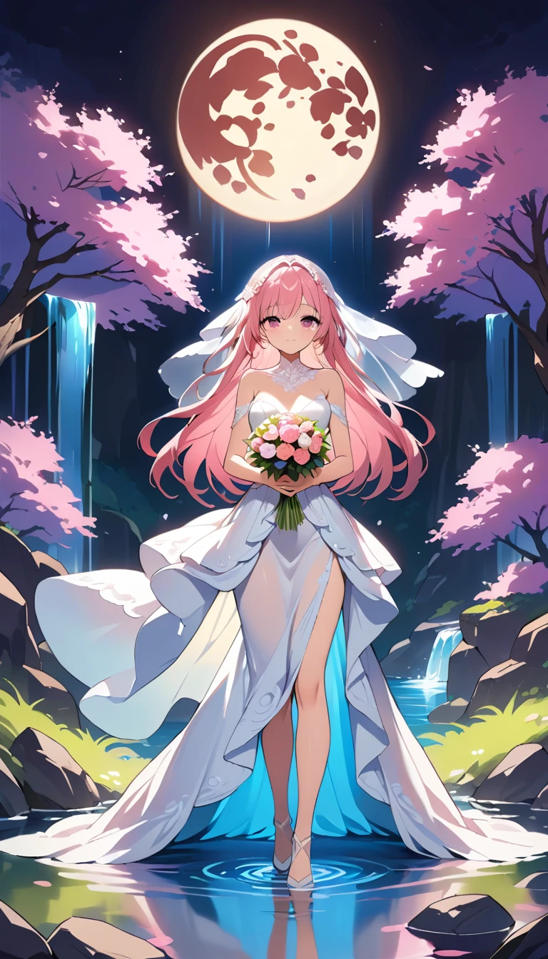 Anime bride in moonlit waterfall wedding with cherry blossoms