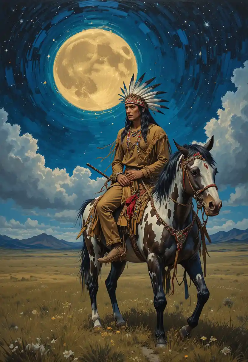 Native American rider under a glowing moon on grassland