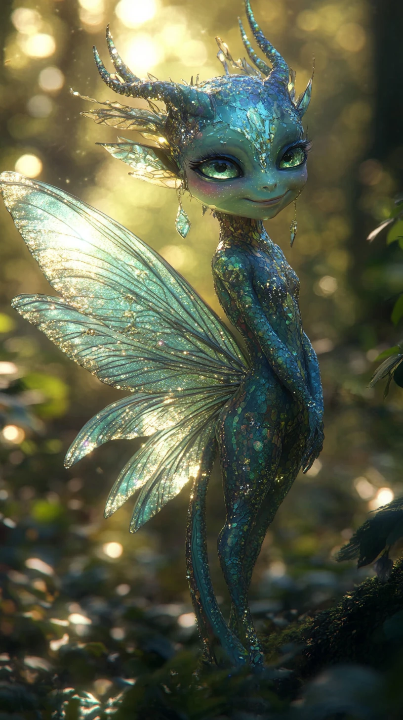 Playful fairy with dragonfly wings in sunlit forest