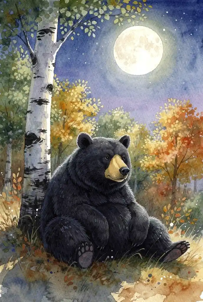 Ours noir en aquarelle se reposant dans une forêt d’automne la nuit