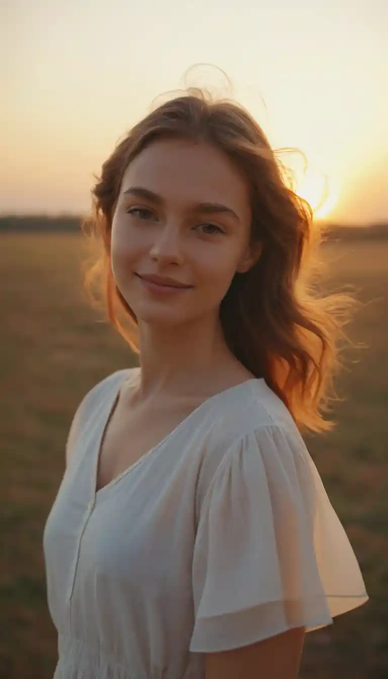 Young woman smiling softly in warm sunset light