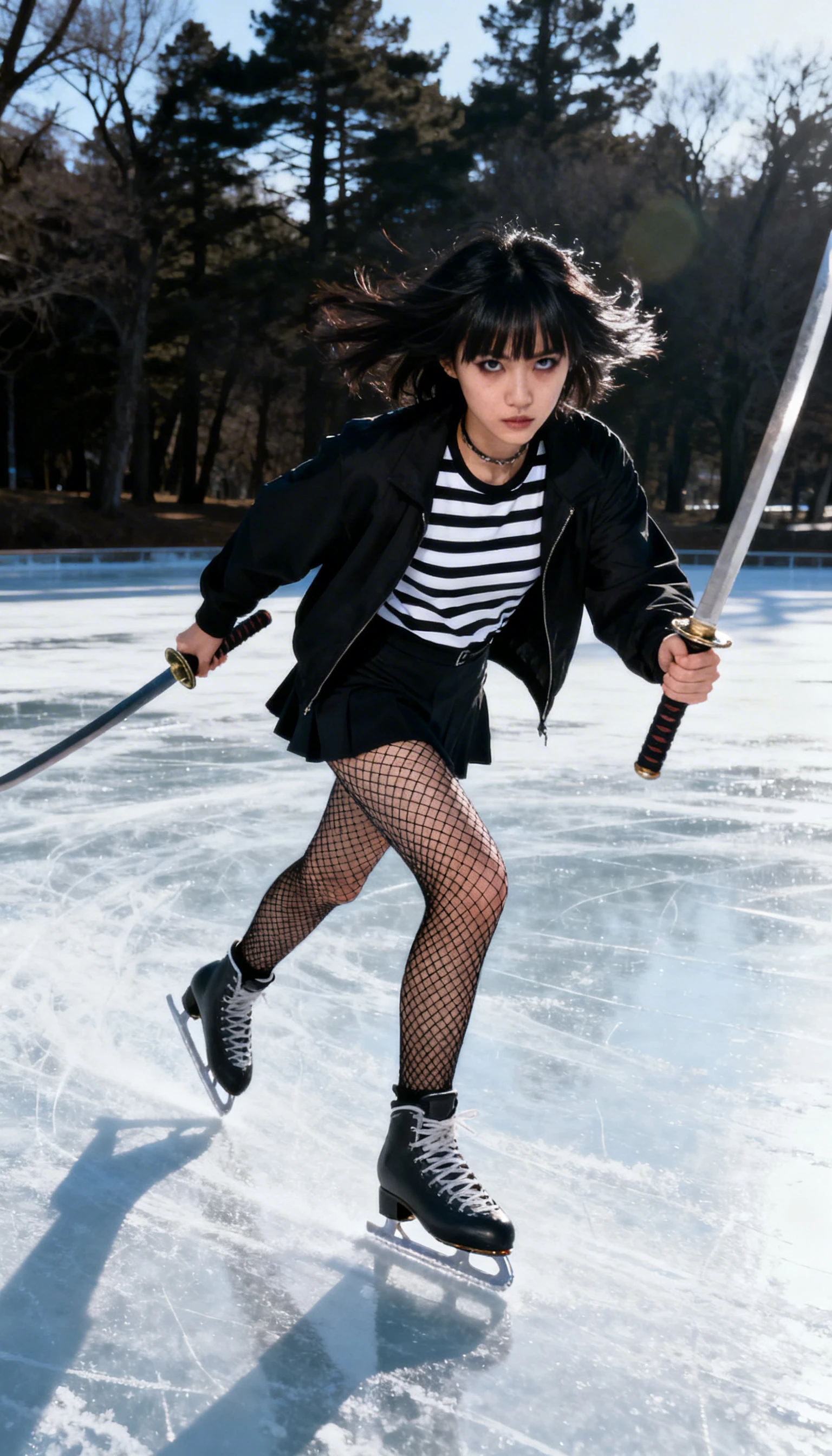 Asian ice skater with katanas on a frozen forest pond