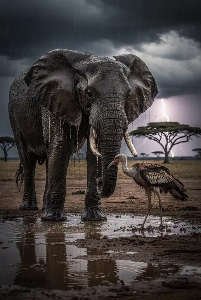 Elefant und Sekretärvogel im stürmischen Savannenregen