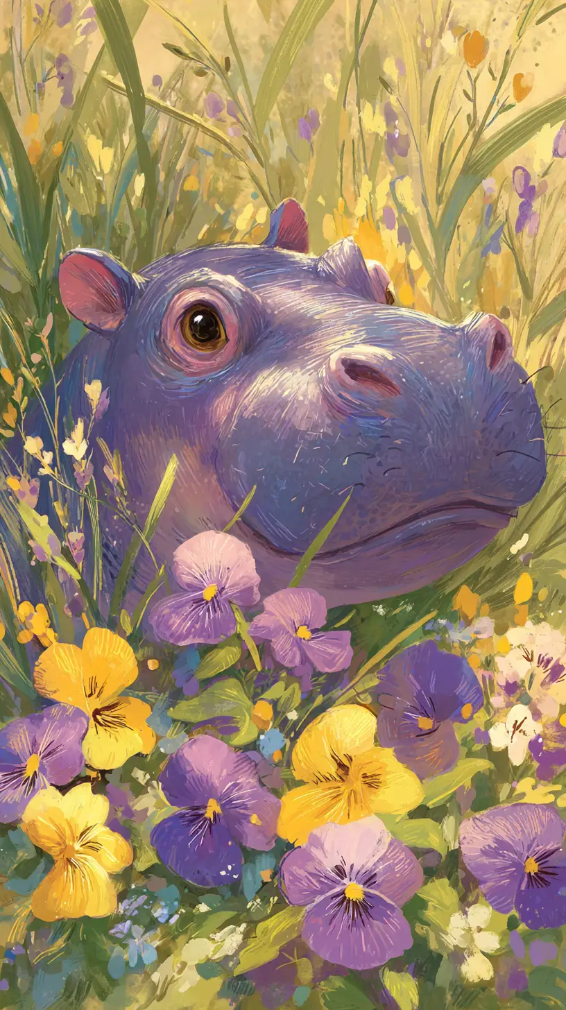 Young hippopotamus sniffing pansies in a sunny meadow