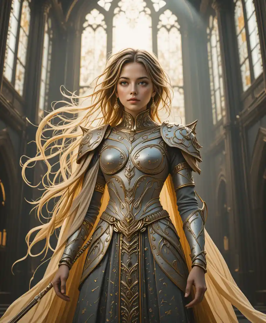 Golden haired warrior woman in a radiant cathedral
