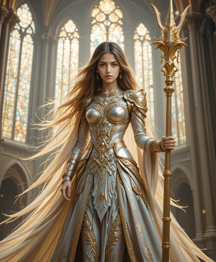 Majestic female warrior bathed in light inside a cathedral