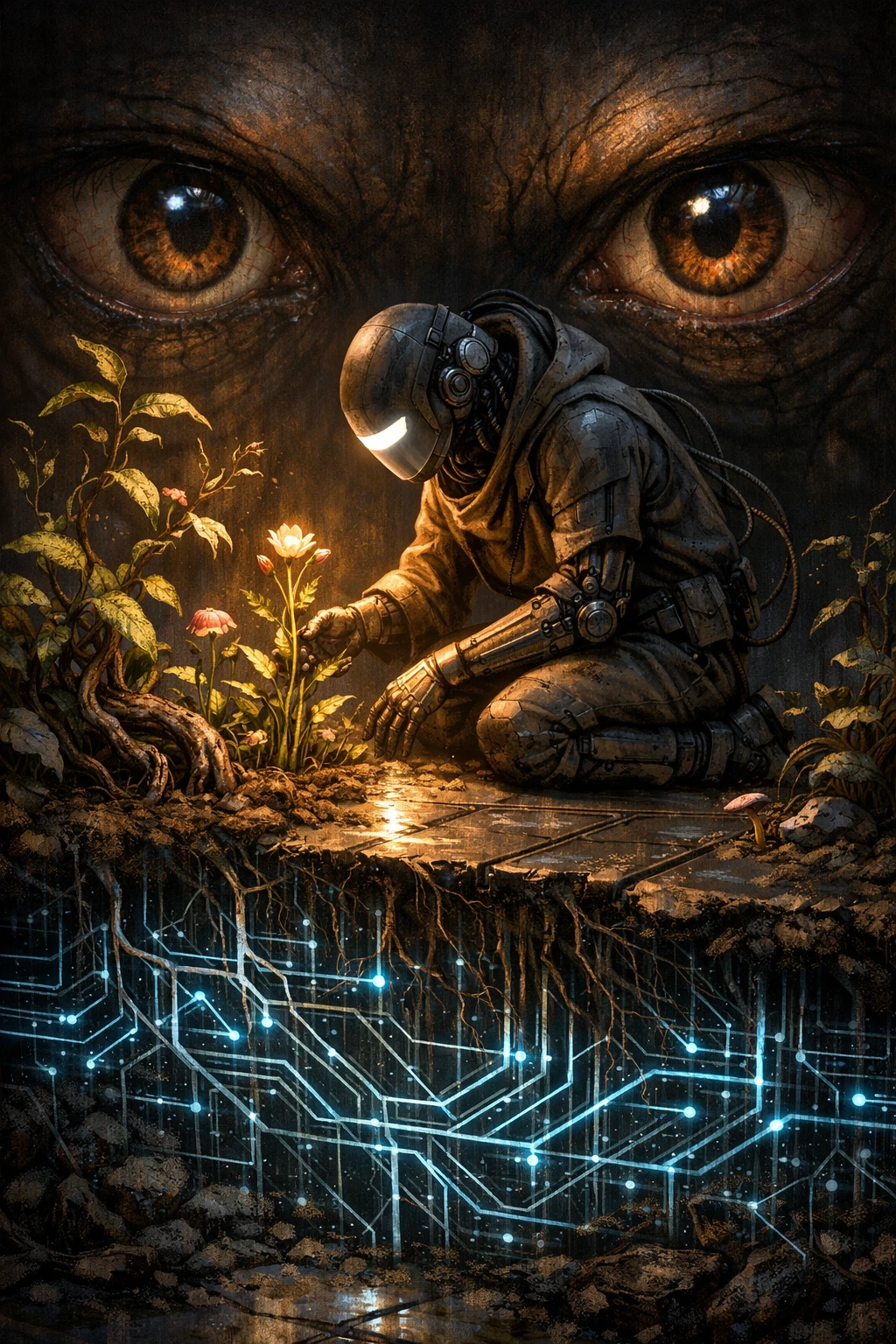 Surreal AI figure tending organic plants on metallic floor