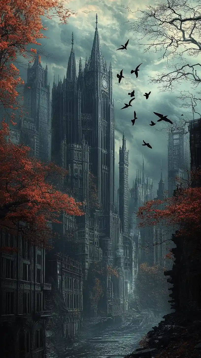 Skyline gotico di New York che si innalza sopra oscure rovine urbane