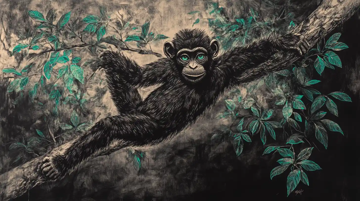 Scimmia a carboncino appesa a un albero in una foresta surreale in scala di grigi