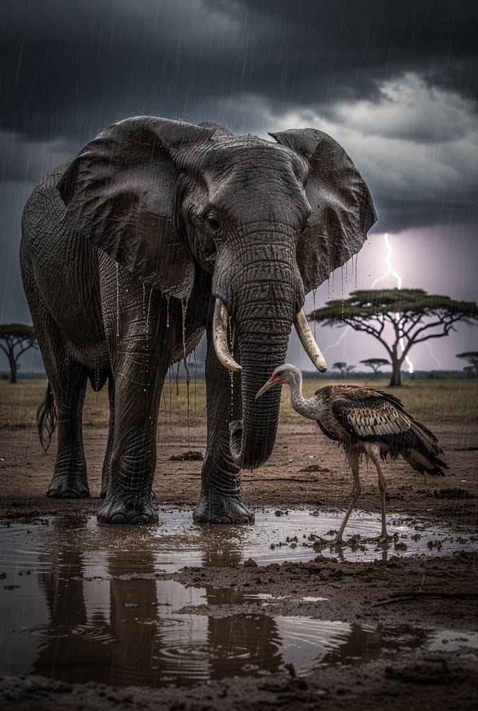 Elefante e ave-secretária na chuva tempestuosa da savana