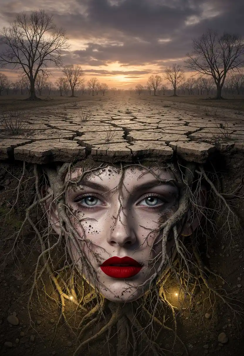Surreal woman fused with roots beneath a barren sunset