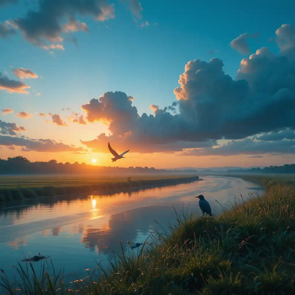 Cinematic sunset river landscape with bird and grass foreground