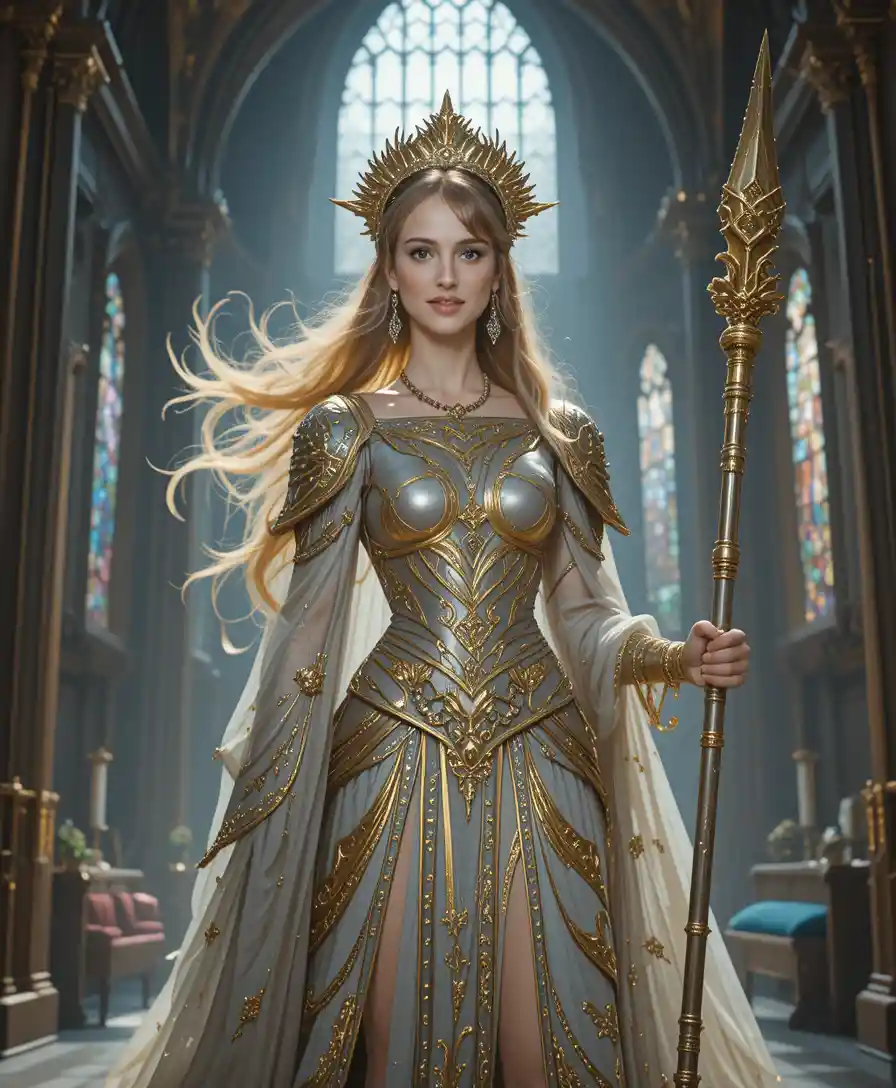 Golden haired fantasy warrior woman in grand cathedral