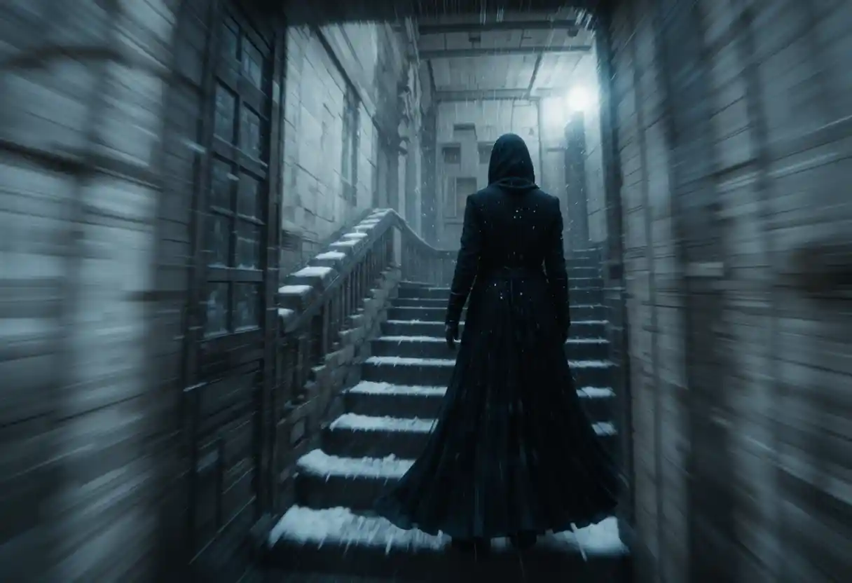 Dark figure standing in a doorway like a silent omen