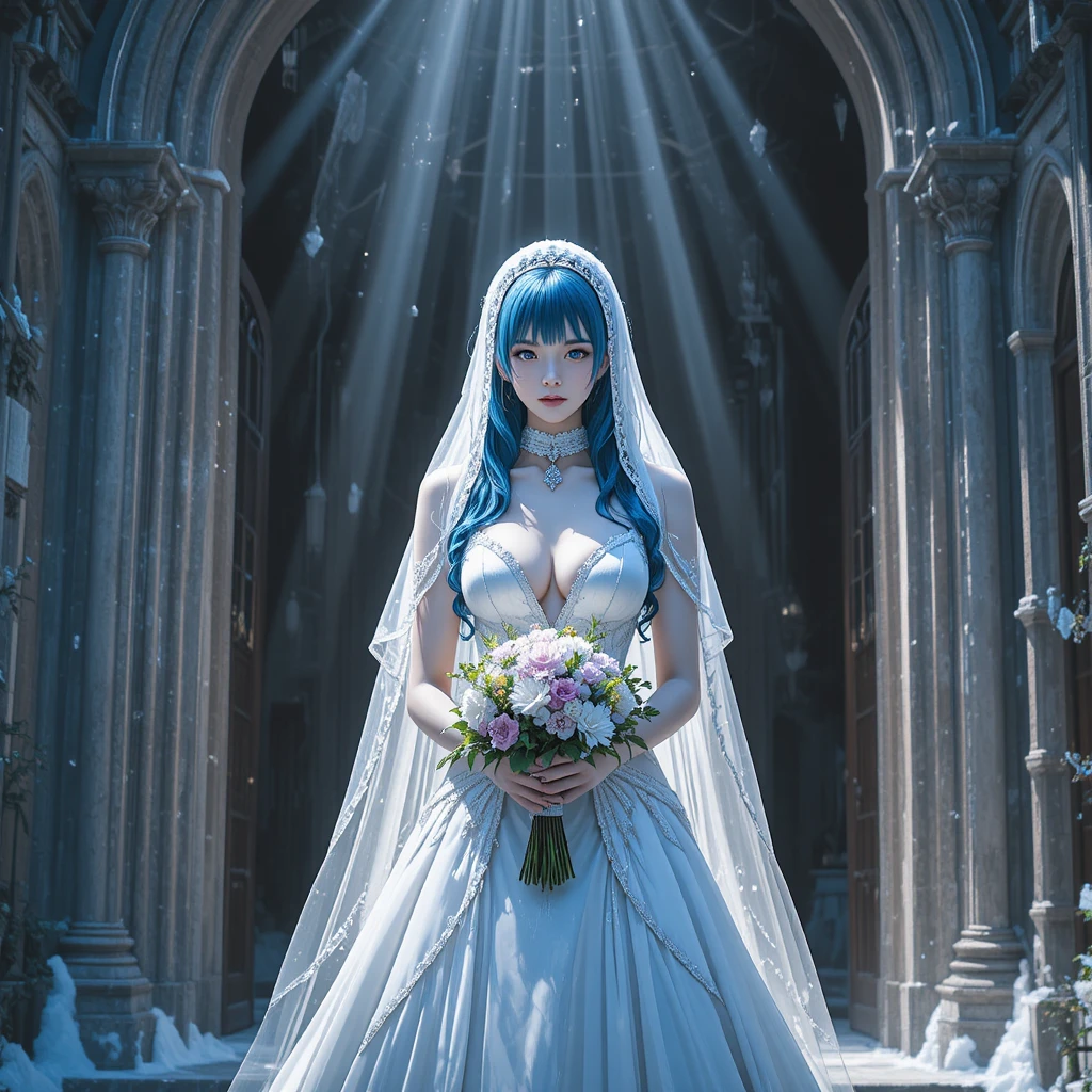 Novia de anime de cabello azul en la puerta luminosa de una iglesia