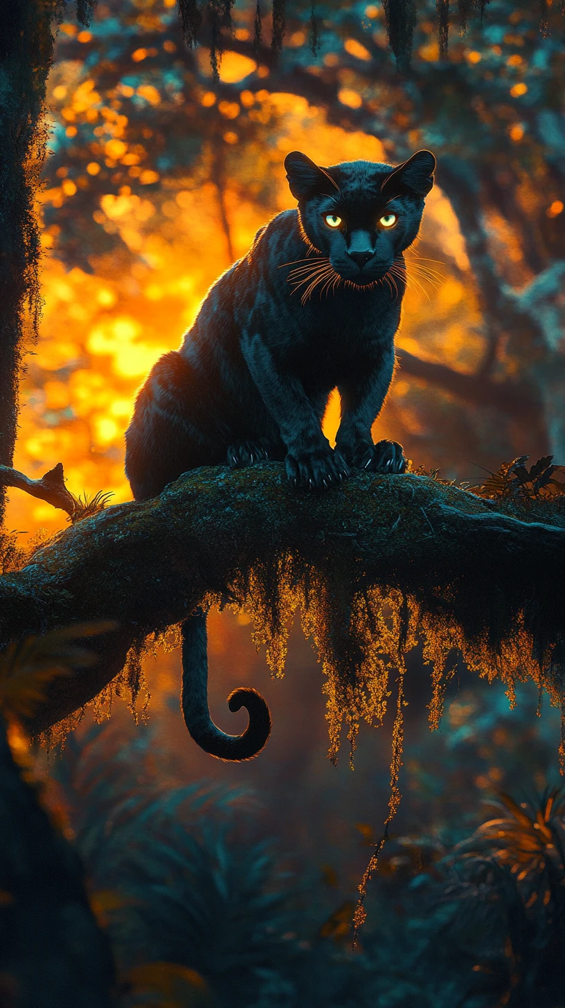 Black panther on jungle branch in dramatic sunset backlight