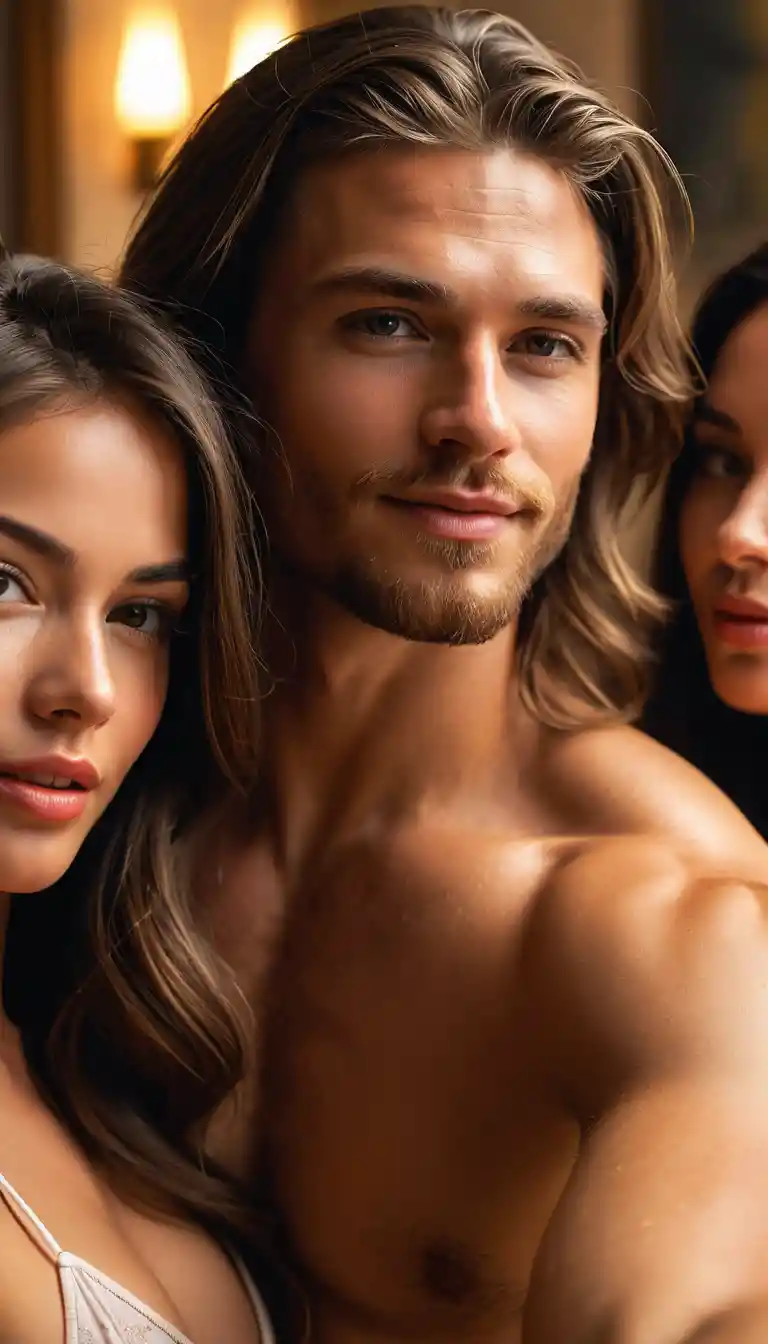 Primer plano de un hombre juguetón con dos mujeres en bikini