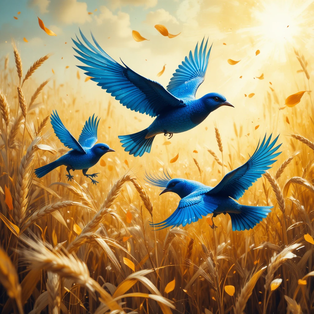 Tres pájaros azules volando sobre un campo de trigo resplandeciente