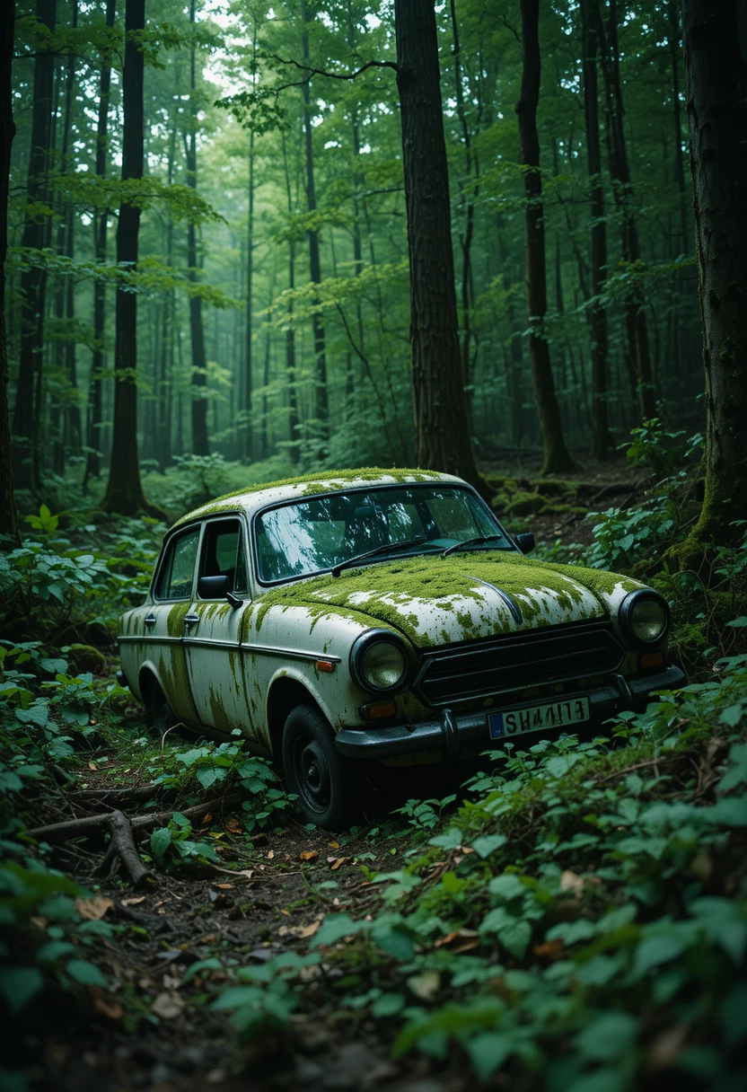 Auto bianca abbandonata mezzo sepolta nella fitta foresta verde