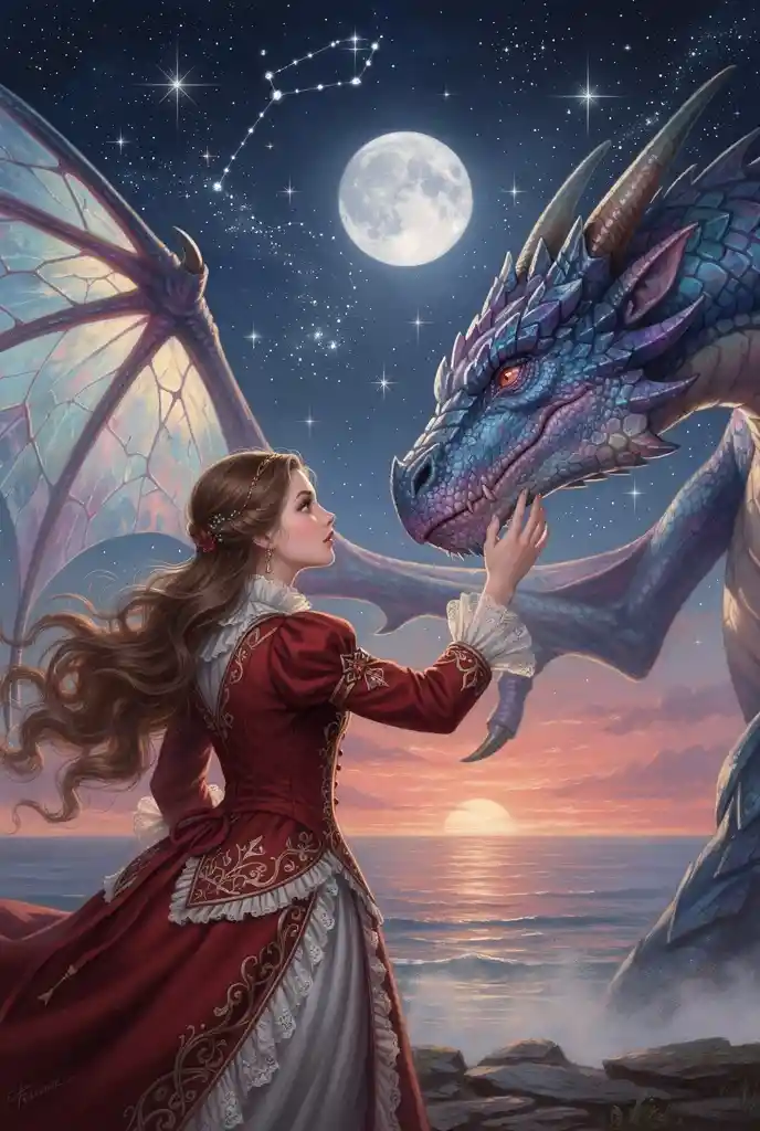 Donna che Addomestica un Drago sotto un Cielo Notturno Stellato