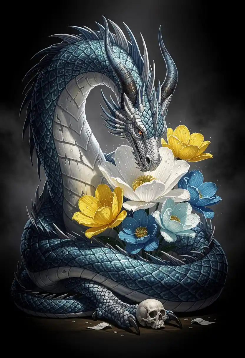 Blauer Drache ruht zwischen übergroßen leuchtenden Blumen