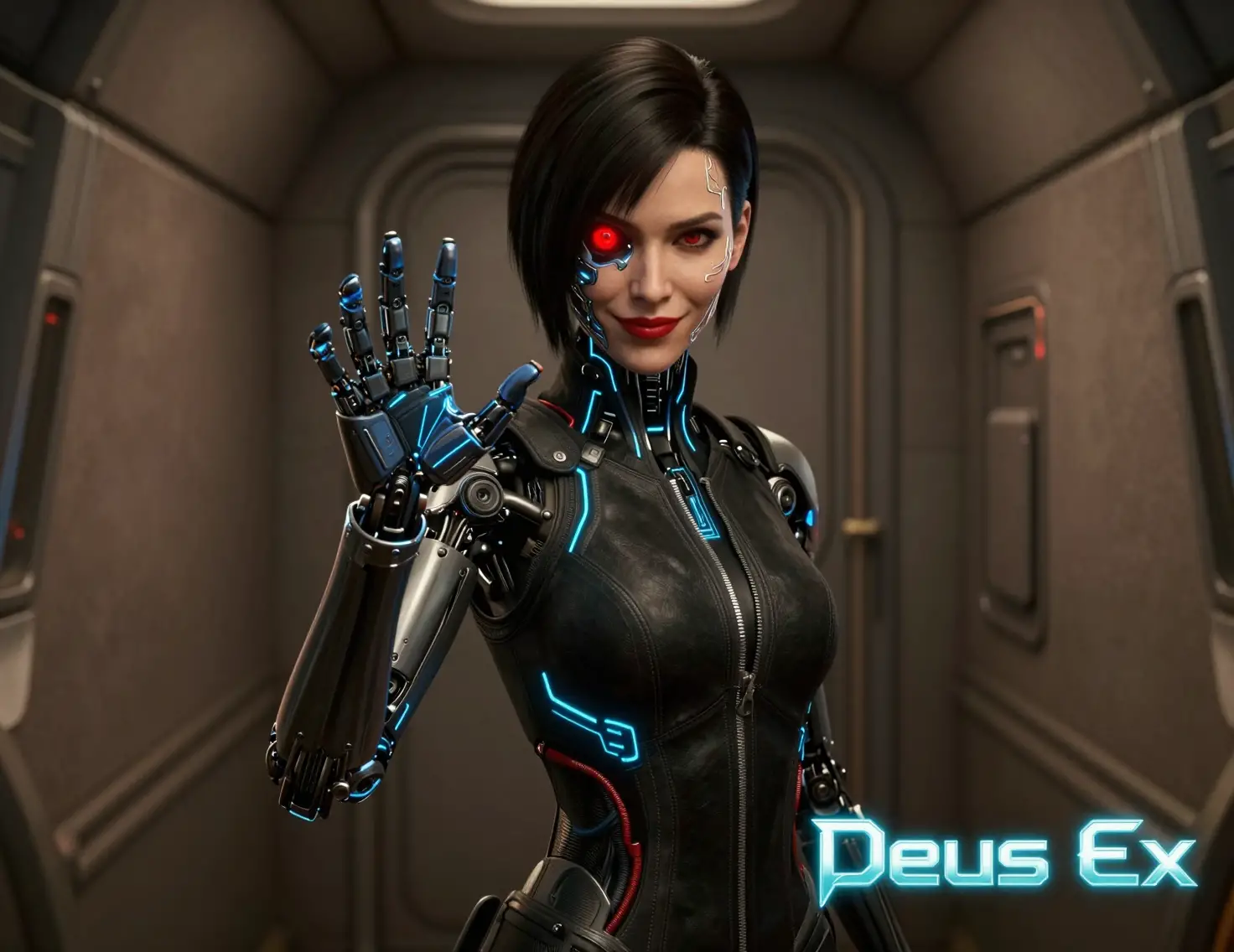 Augmented female cyborg reaching forward in a dim airplane corridor