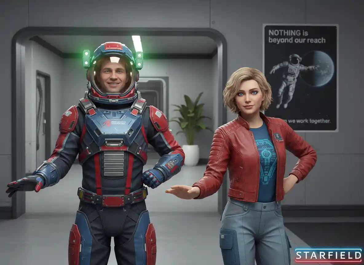 Smiling astronaut and woman posing in futuristic interior