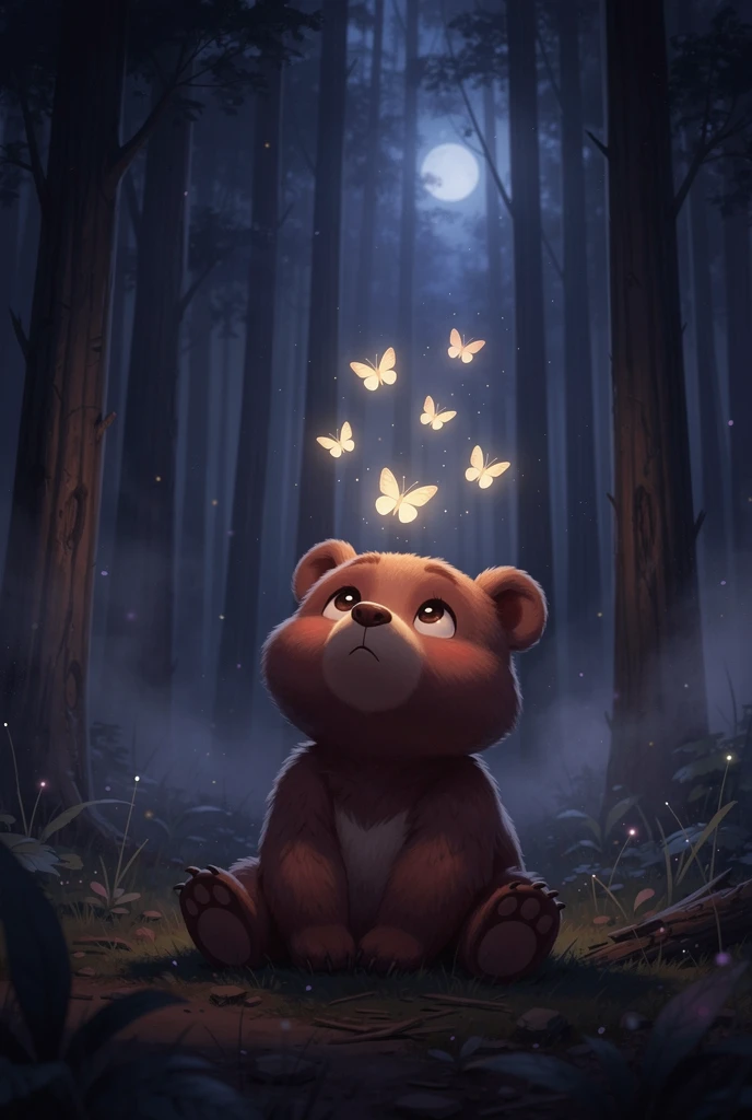 Dolce orso bruno che guarda farfalle luminose nella foresta oscura
