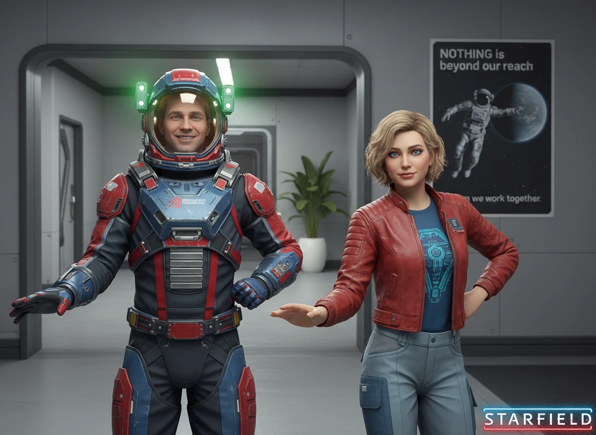 Smiling astronaut and woman posing in futuristic interior