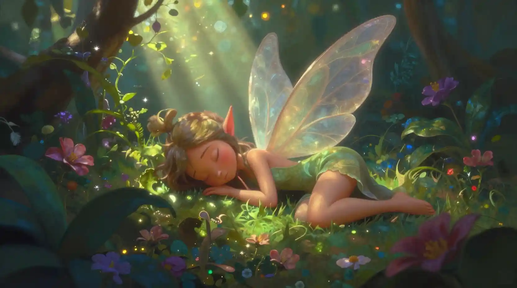 Pixie endormie sous le feuillage lumineux de la forêt en contre-jour