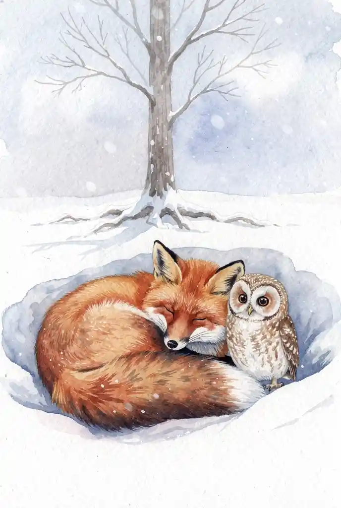 Gemütlicher Fuchs und Eule kuscheln im verschneiten Wald