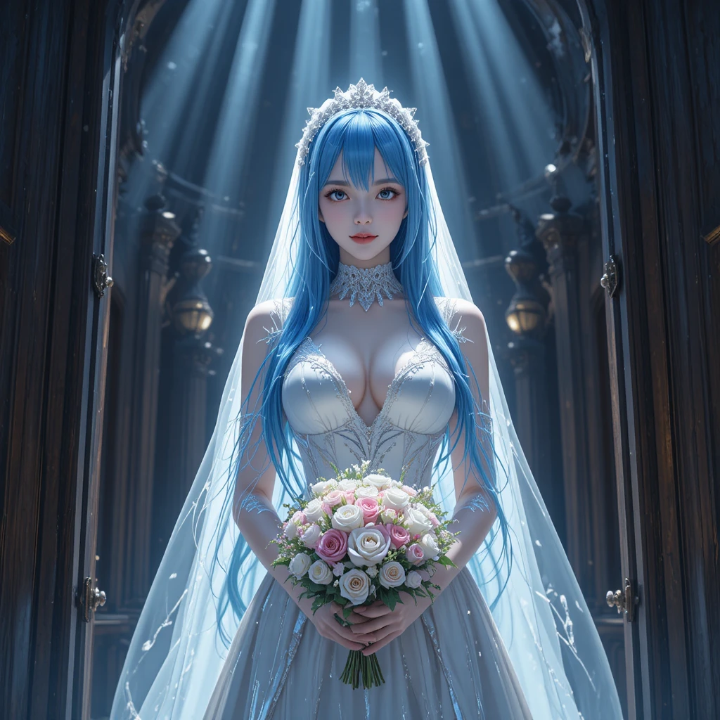 Novia de anime de cabello azul en la puerta de una iglesia