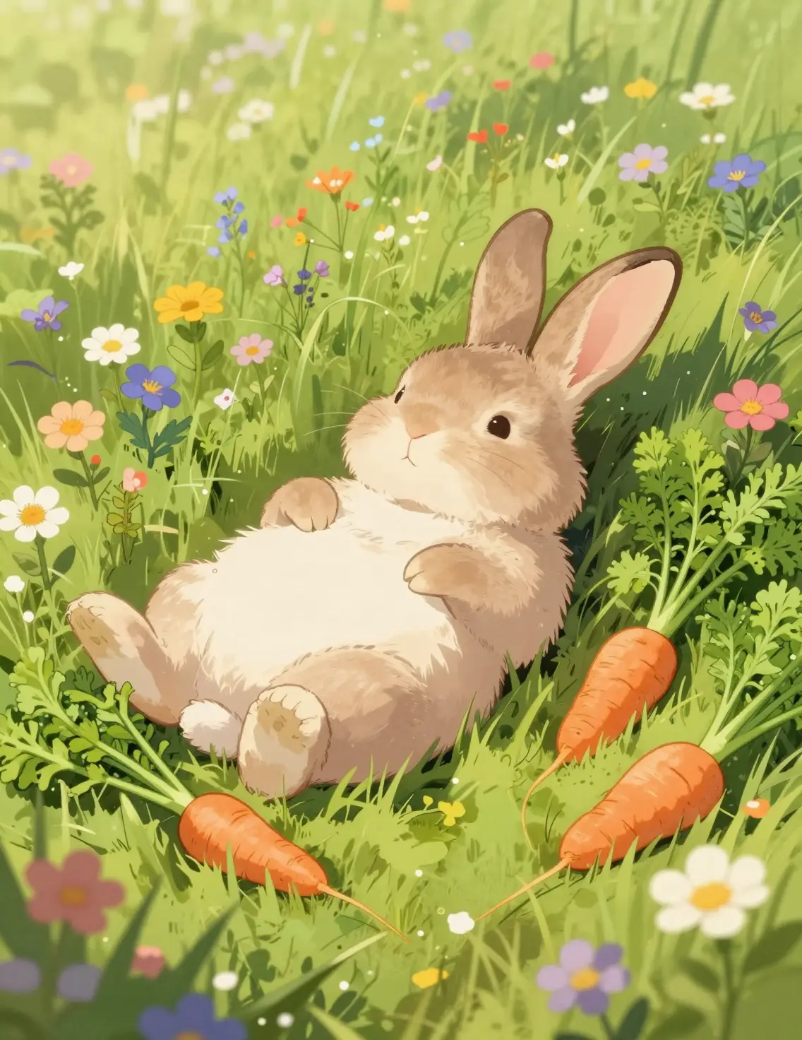 Content rabbit resting in a wildflower meadow at sunrise