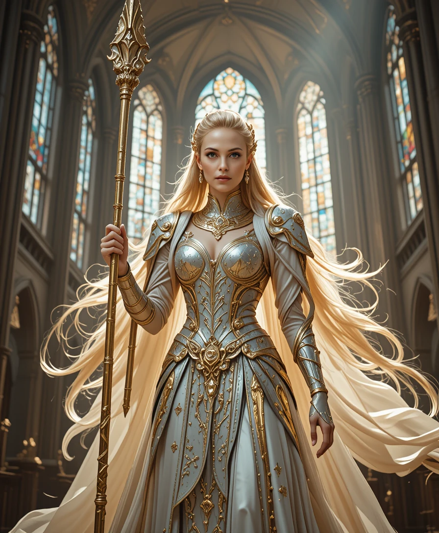 Majestic female warrior with spear in grand cathedral
