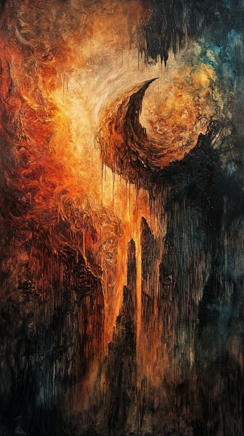 Paisaje abstracto misterioso en pintura de técnica mixta