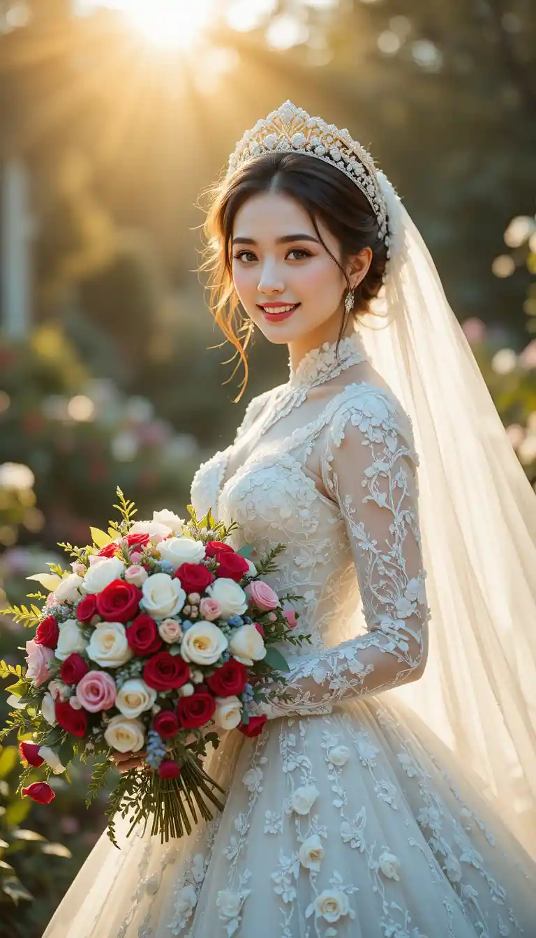 Bride in floral wedding dress smiling in sunlit garden