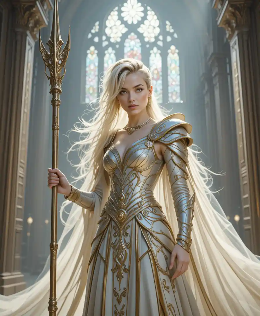 Guerrière divine en armure dorée dans une grande cathédrale