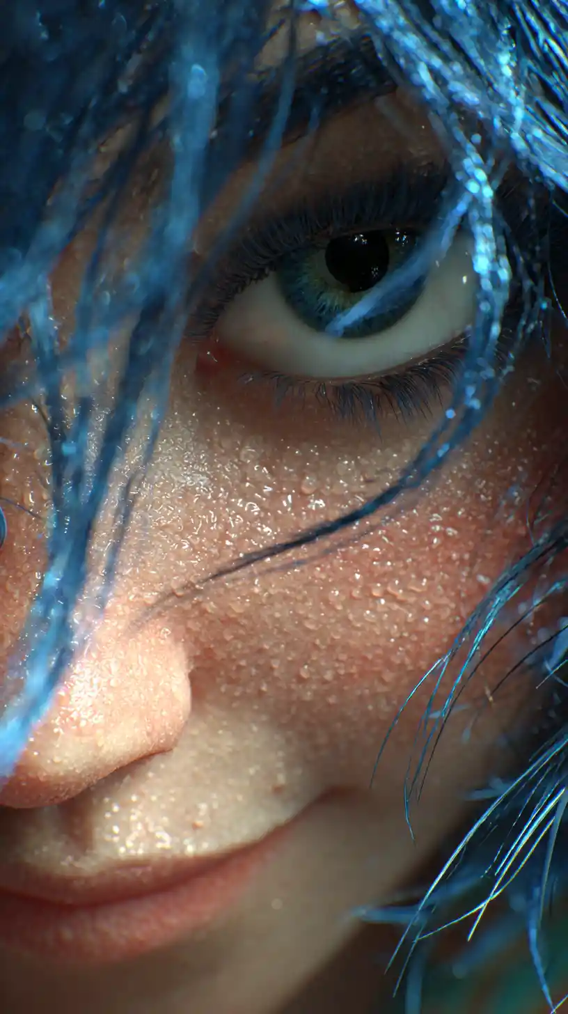 Beautiful woman with blue wet hair and playful smile